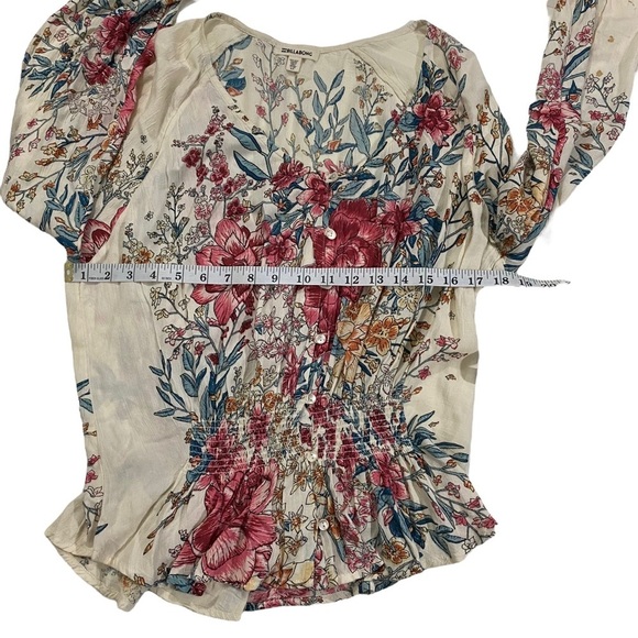 Billabong Play Day Women Cream Floral Long Sleeve Scoop Neck Crinkle Top Sz Sm - Picture 14 of 15